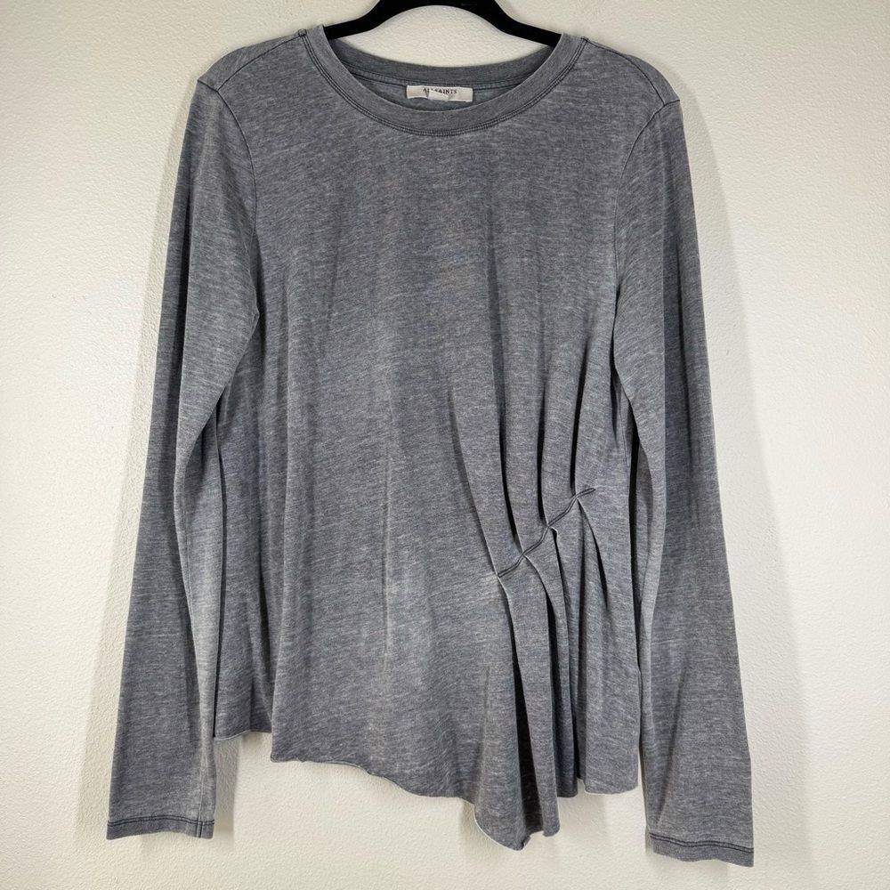 All Saints Women’s Long Sleeve Shirt Gray Gathered Abstract Lagenlook Size Large